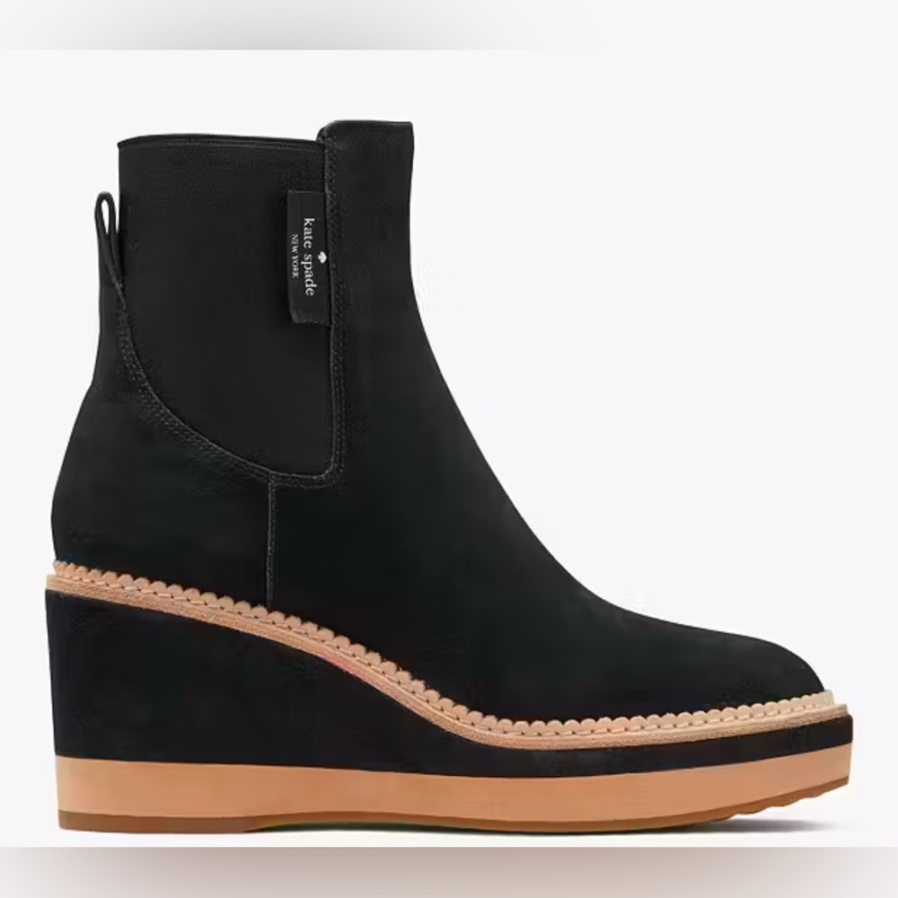 Kate Spade Addison Wedge Boot - Size 8 - Worn 1x Black Suede with Tan Detail